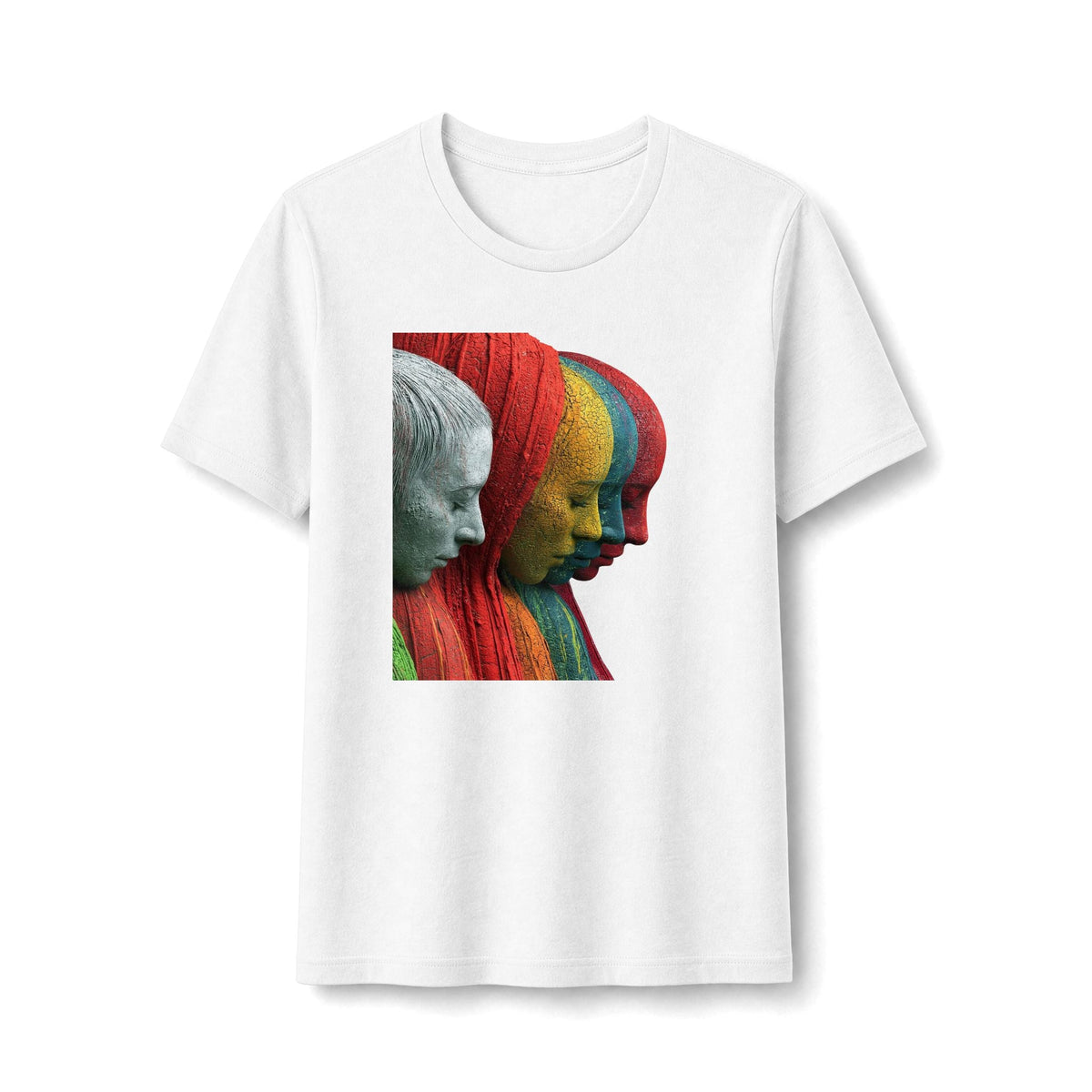 PURETE white cotton t-shirt featuring a colorful graphic of layered sculptural faces in profile