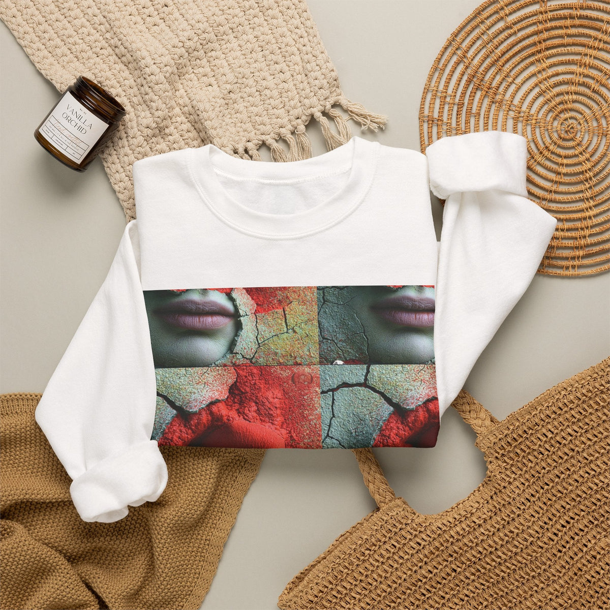 PURETE white crewneck sweatshirt featuring a surreal artistic print of a face and red rose on a flat lay background.