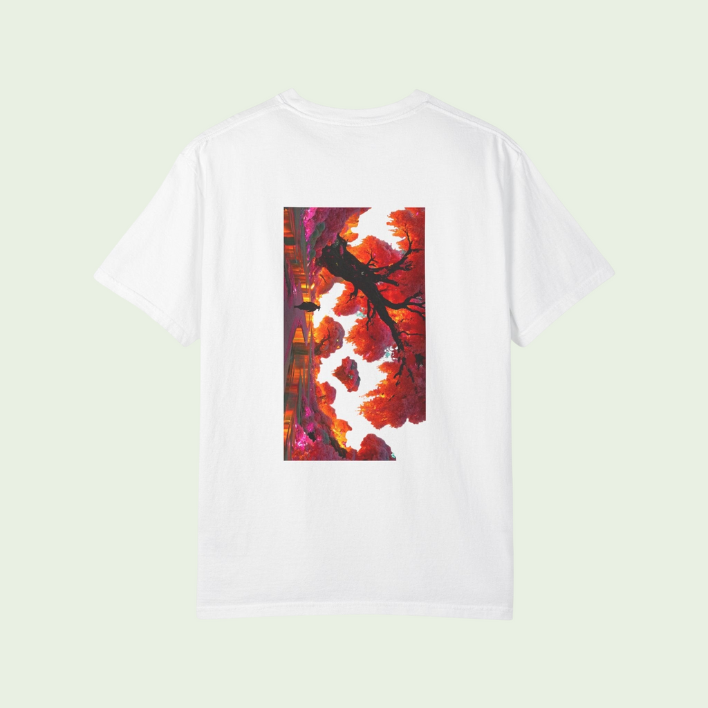 PURETE white heavyweight cotton t-shirt with a vibrant painterly autumn forest print on the back