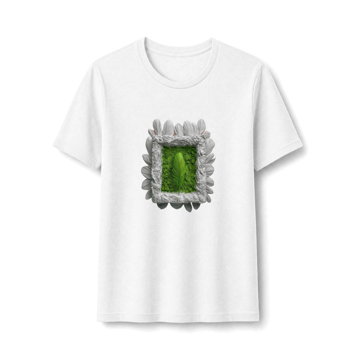 PURETE fitted white cotton-blend t-shirt featuring a central green botanical frame graphic with a single leaf.