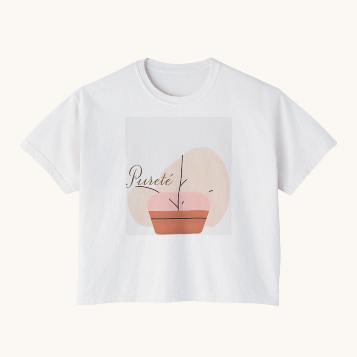 PURETE white boxy oversized t-shirt in 100% ring-spun cotton with a minimalist abstract plant graphic print