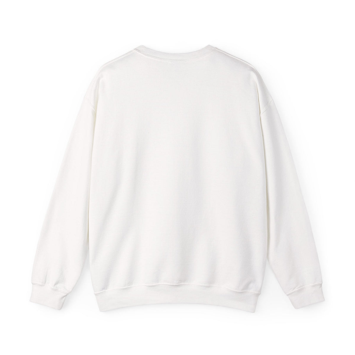 Back view of a plain white PURETE crewneck sweatshirt made from a medium-heavy cotton-poly blend.