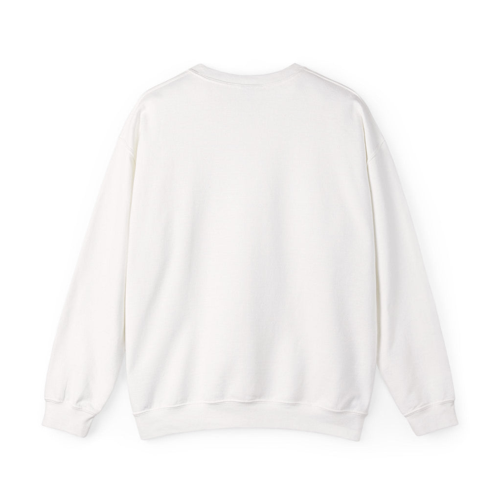 PURETE white crewneck sweatshirt, back view, showing the plain cotton-poly fleece fabric and ribbed collar.