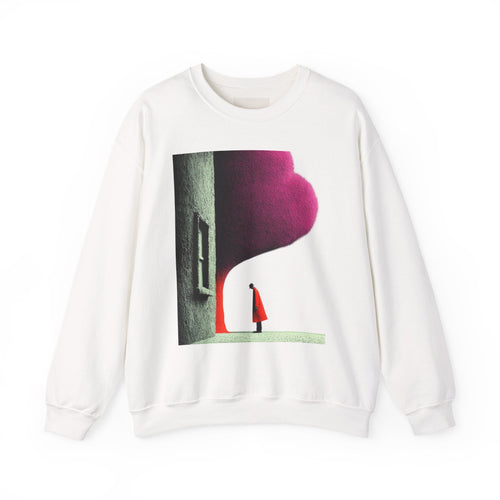 PURETE white crewneck sweatshirt featuring a surrealist graphic print of a figure in a red coat by a large tree.