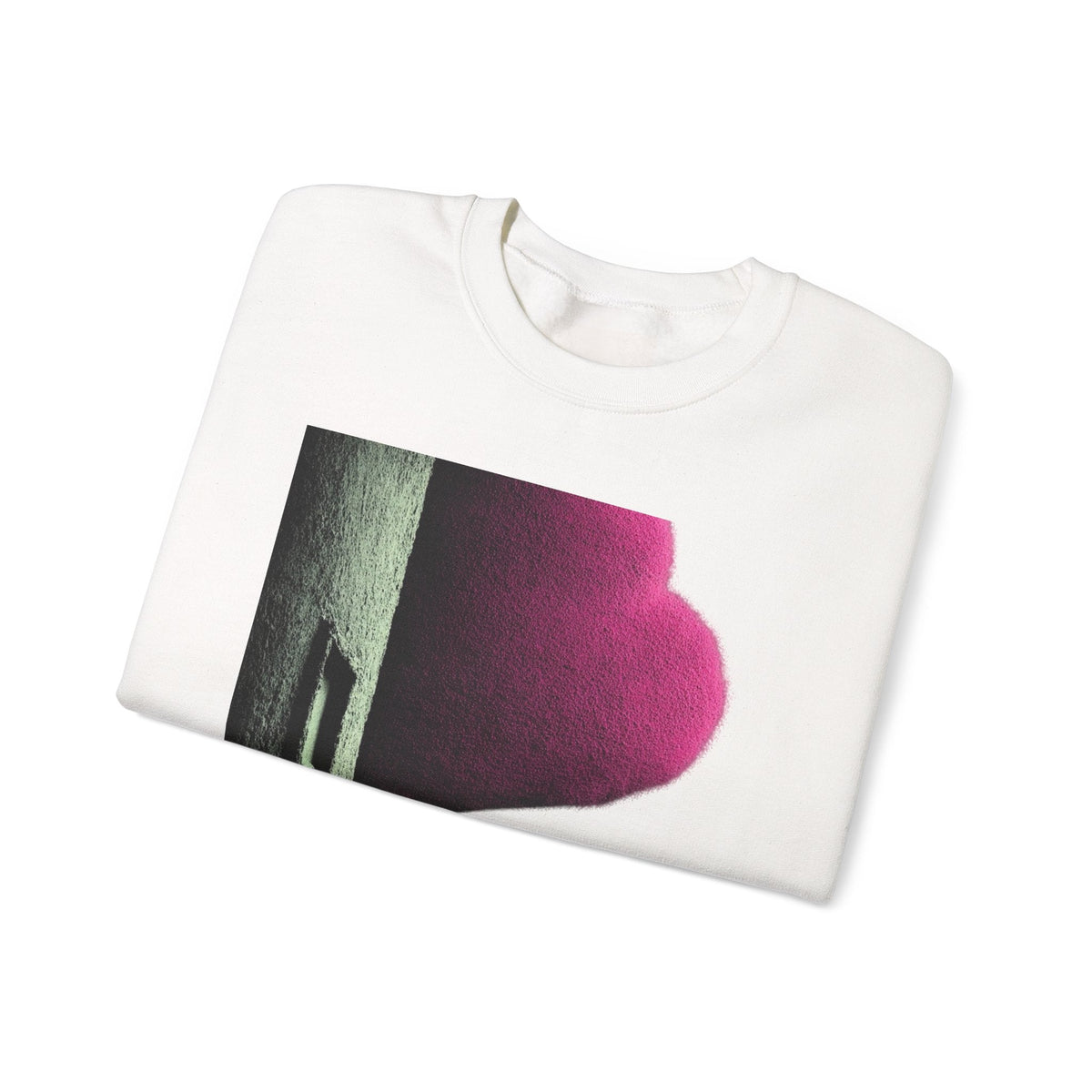 PURETE white crewneck sweatshirt featuring a graphic print of a pink heart shape on a textured background.