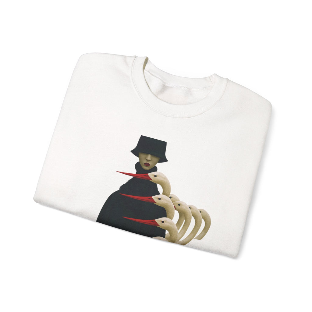 PURETE white crewneck sweatshirt featuring a surreal graphic of a cloaked figure with bird-like skeletal hands