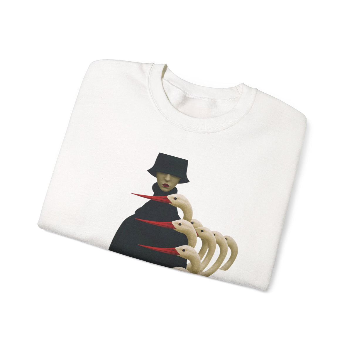 PURETE white crewneck sweatshirt featuring a surreal graphic of a cloaked figure with bird-like skeletal hands