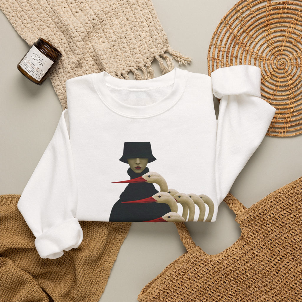 PURETE white crewneck sweatshirt featuring a surreal graphic of a cloaked figure with bird-like heads on a neutral background