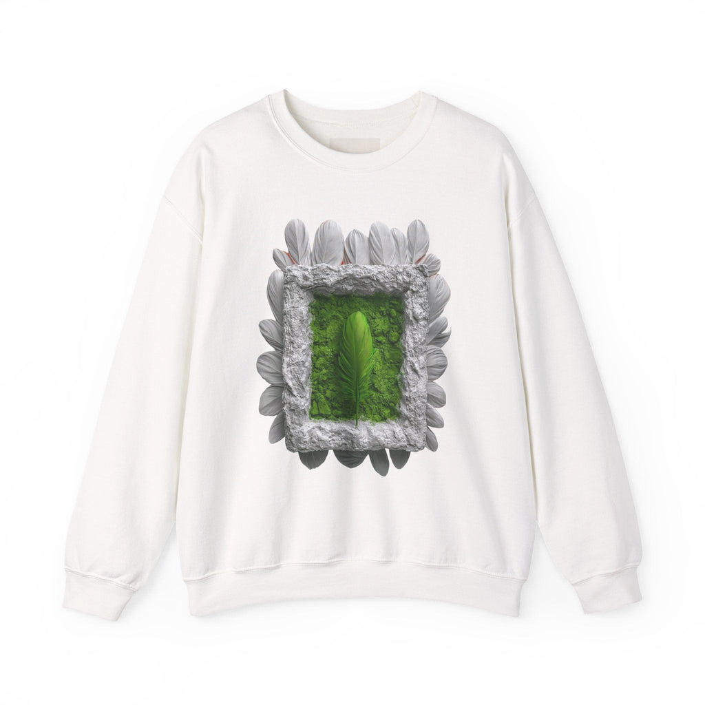 PURETE white crewneck sweatshirt featuring a green portal graphic framed by textured stone and white feathers.