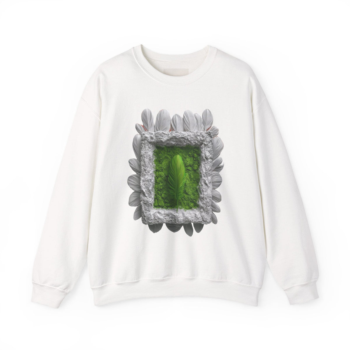 PURETE white crewneck sweatshirt featuring a green portal graphic framed by textured stone and white feathers.