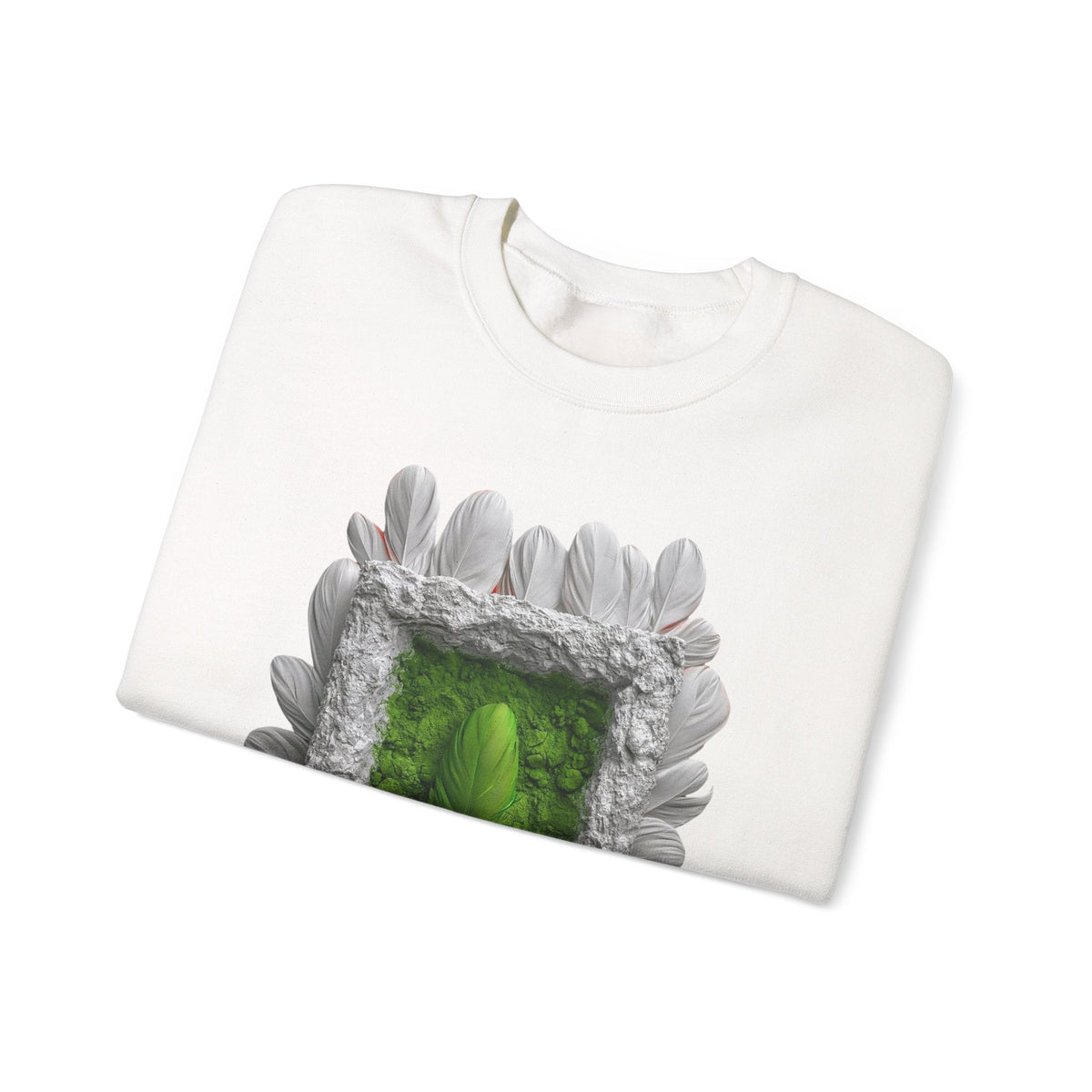 PURETE crewneck sweatshirt in white featuring a graphic of a green portal framed by textured grey feathers.