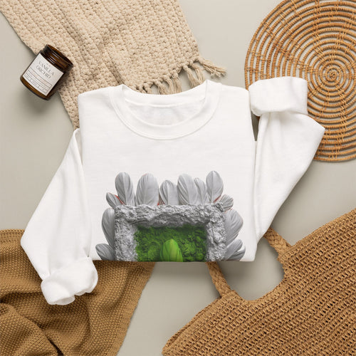 PURETE white crewneck sweatshirt featuring a green portal graphic framed by grey feathers, laid flat on a neutral background.