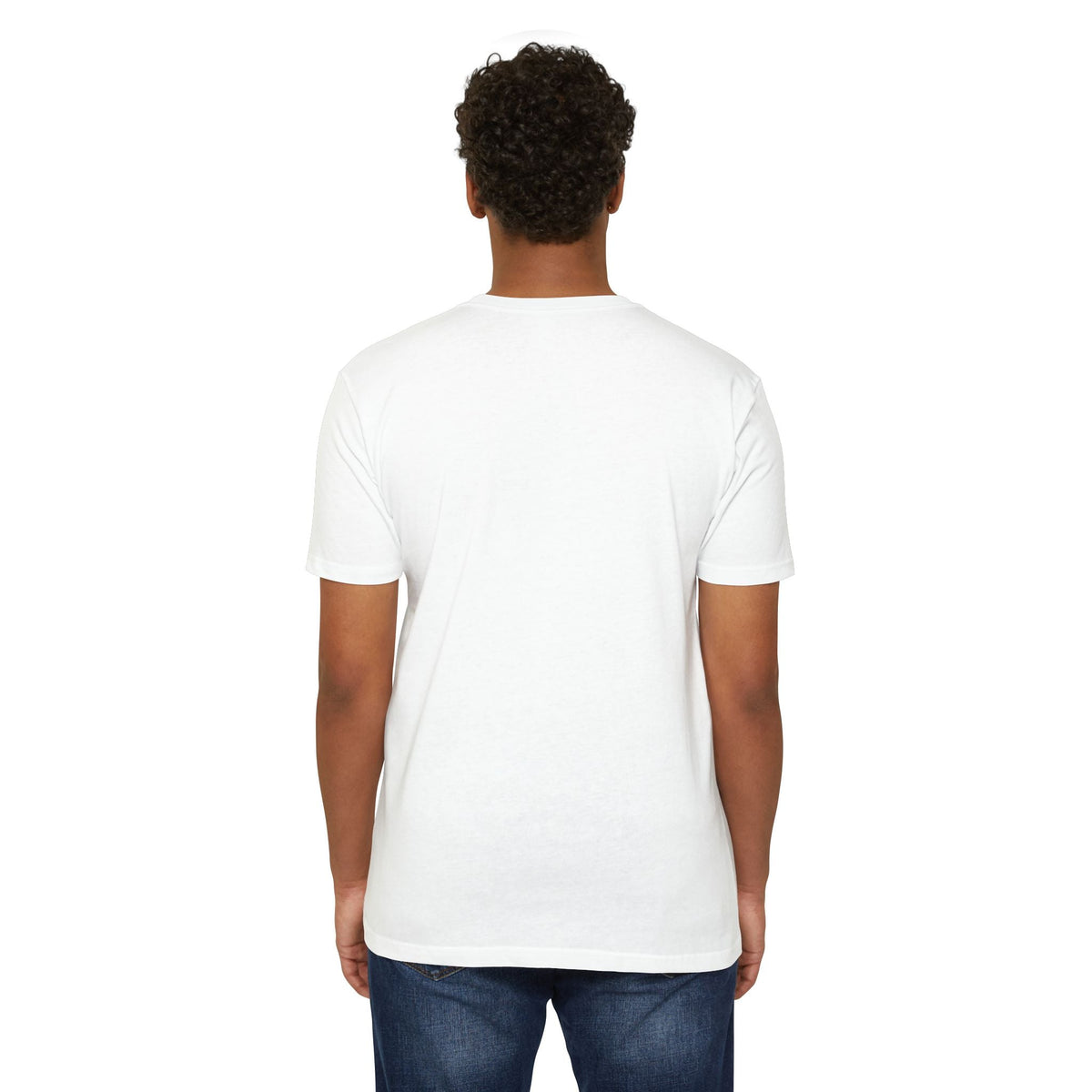 Back view of a man wearing a plain white PURETE unisex CVC jersey t-shirt with a classic fit and short sleeves.