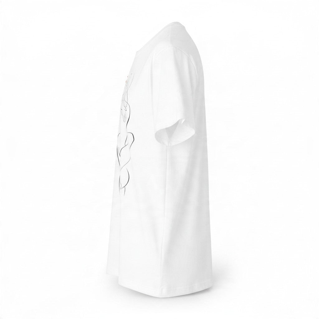 PURETE unisex white CVC jersey t-shirt with a minimalist line art graphic, side view showing classic fit.