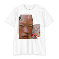 PURETE white unisex CVC jersey t-shirt featuring a vibrant artistic portrait print of a person with colorful makeup.
