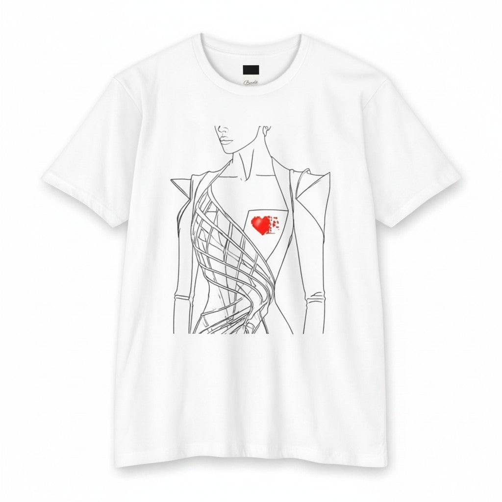 PURETE unisex white CVC jersey t-shirt featuring a black line art fashion illustration with a red heart detail.