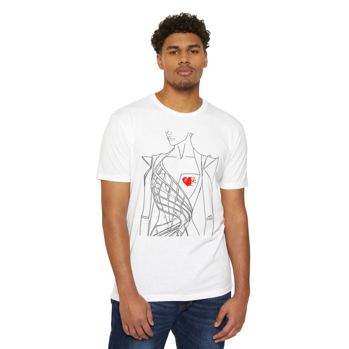 PURETE unisex white CVC jersey t-shirt with a black line art fashion illustration and a small red heart graphic.