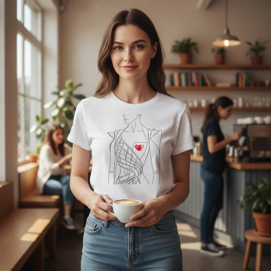 A woman wearing a PURETE white CVC jersey t-shirt with a black line art graphic and red heart in a cafe setting.