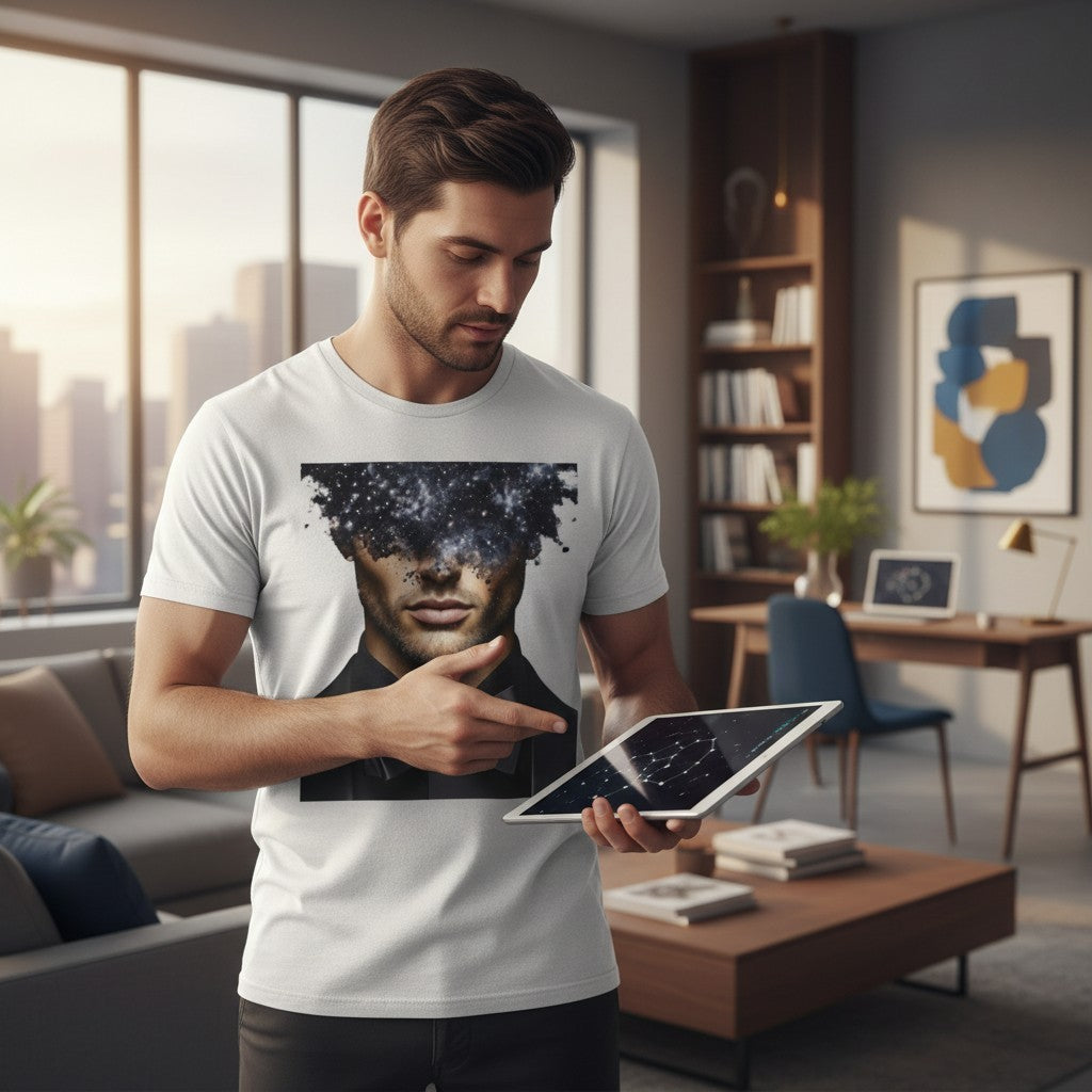 PURETE unisex white CVC jersey t-shirt with a galaxy head graphic worn by a man holding a tablet in a modern living room