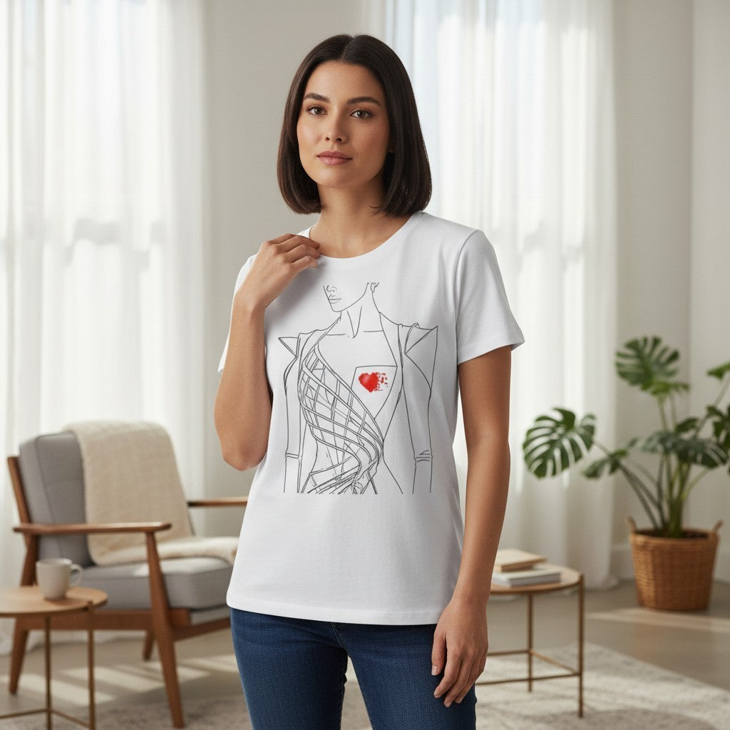 A woman wearing a white PURETE unisex CVC jersey t-shirt with a black line art design and a red heart graphic.
