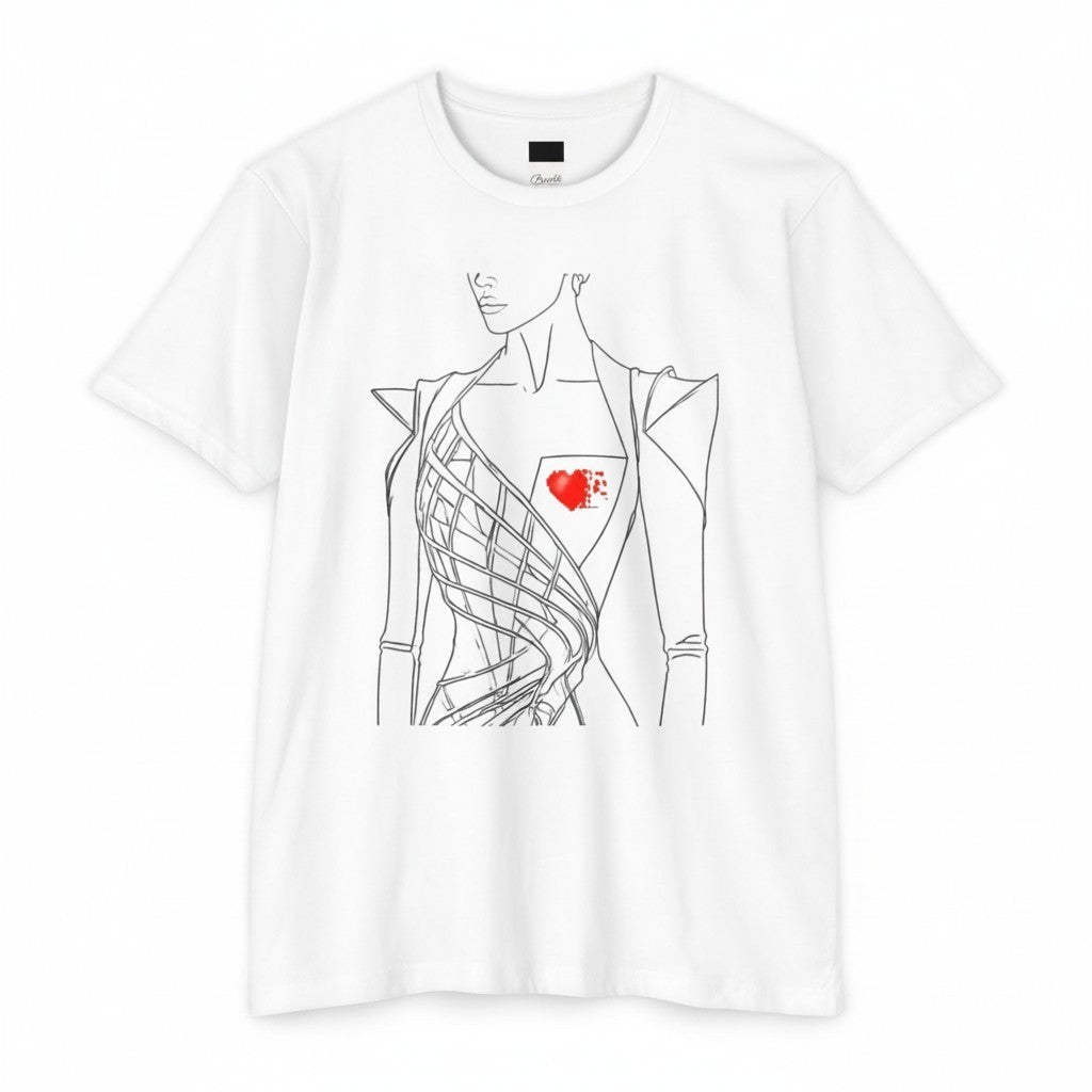 PURETE white unisex CVC jersey t-shirt featuring a black line art illustration of a woman with a red heart detail.