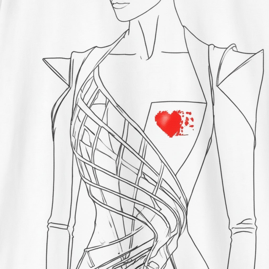 PURETE white CVC jersey t-shirt featuring a black line art fashion illustration of a dress with a red heart detail.