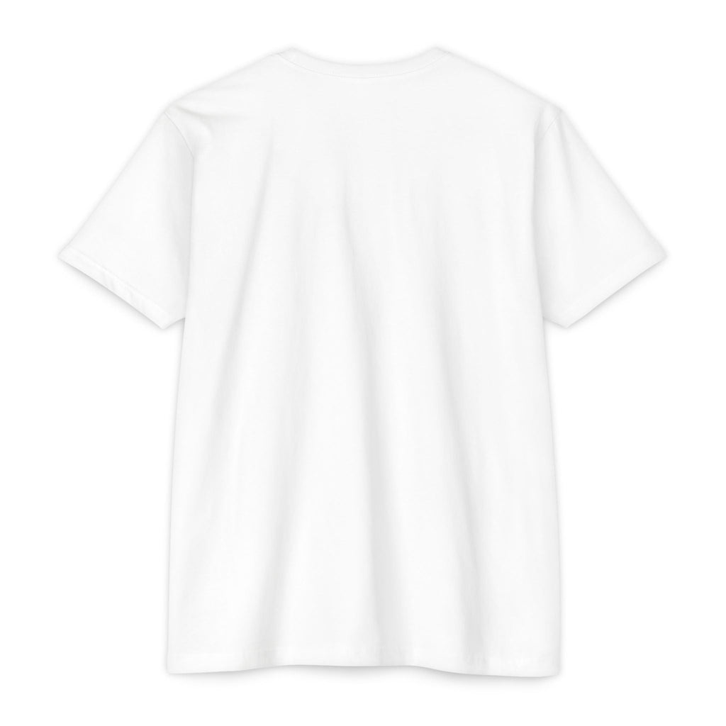 PURETE unisex white CVC jersey t-shirt, back view of a lightweight cotton-poly blend crew neck tee.
