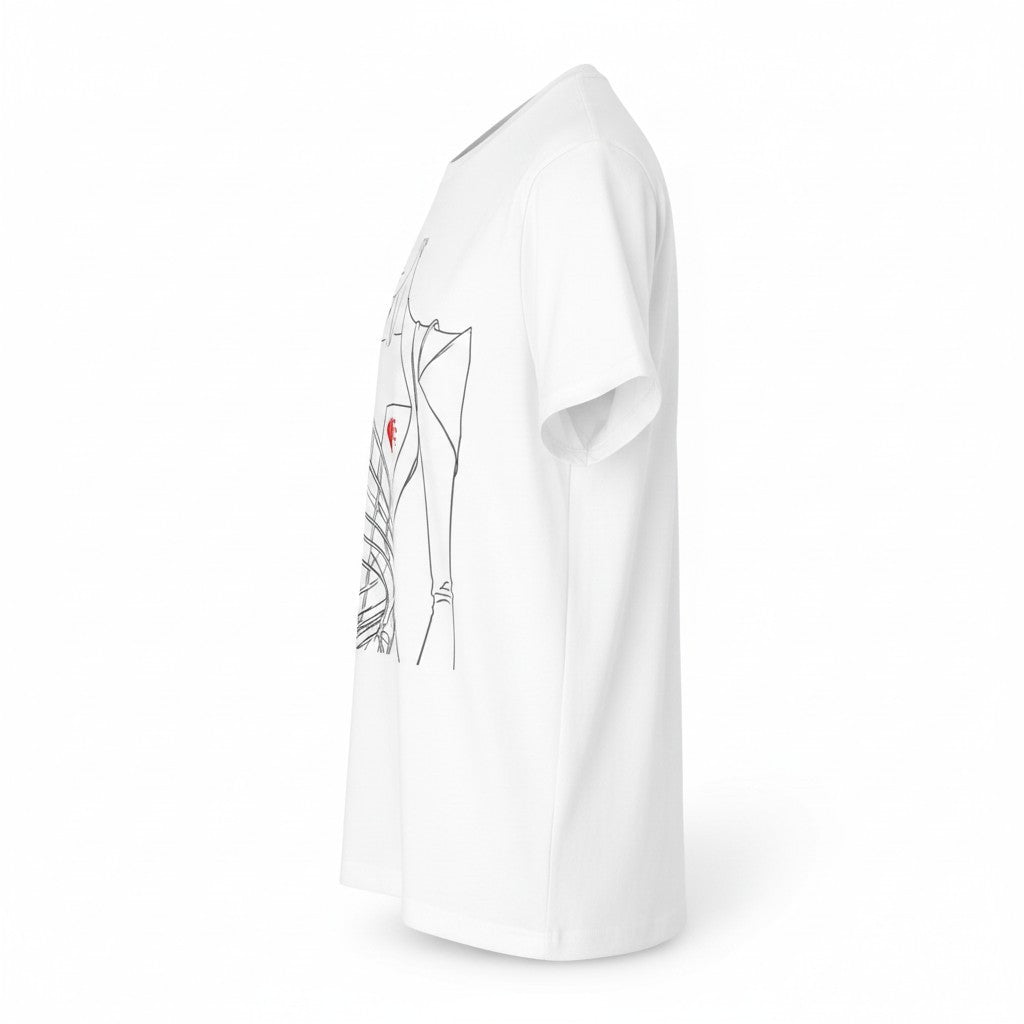 PURETE white CVC jersey t-shirt with black line art graphic and red heart detail, side view