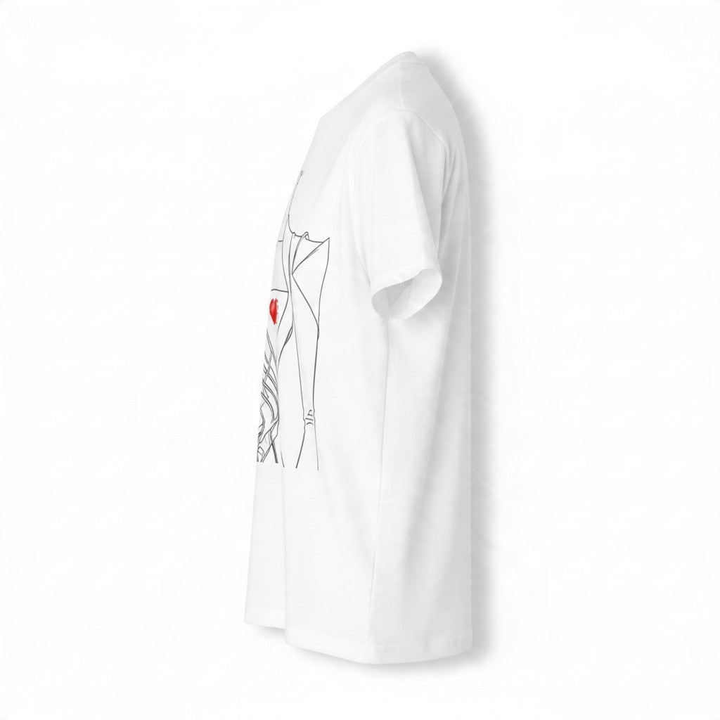 PURETE white unisex CVC jersey t-shirt with a black line art graphic and red heart detail, side view
