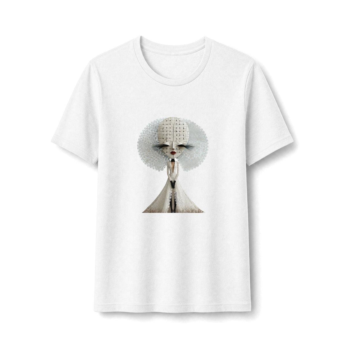 PURETE white fitted tee featuring an abstract fashion doll graphic with a textured halo illustration.