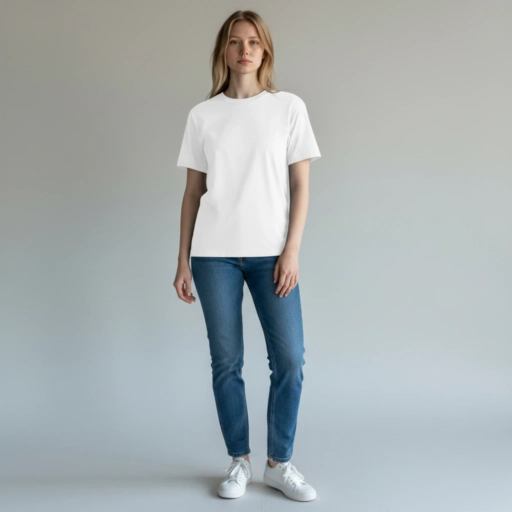 A woman wearing a PURETE white fitted cotton-blend t-shirt with blue jeans and white sneakers against a grey background.