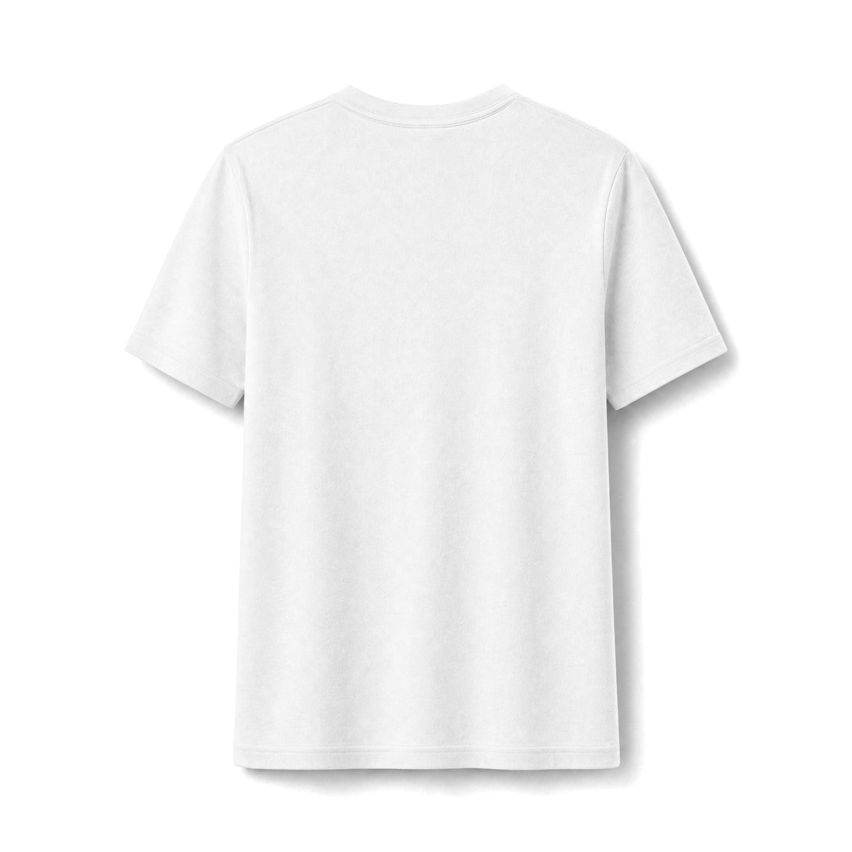 PURETE white fitted graphic tee back view showing soft cotton-poly blend fabric and clean silhouette
