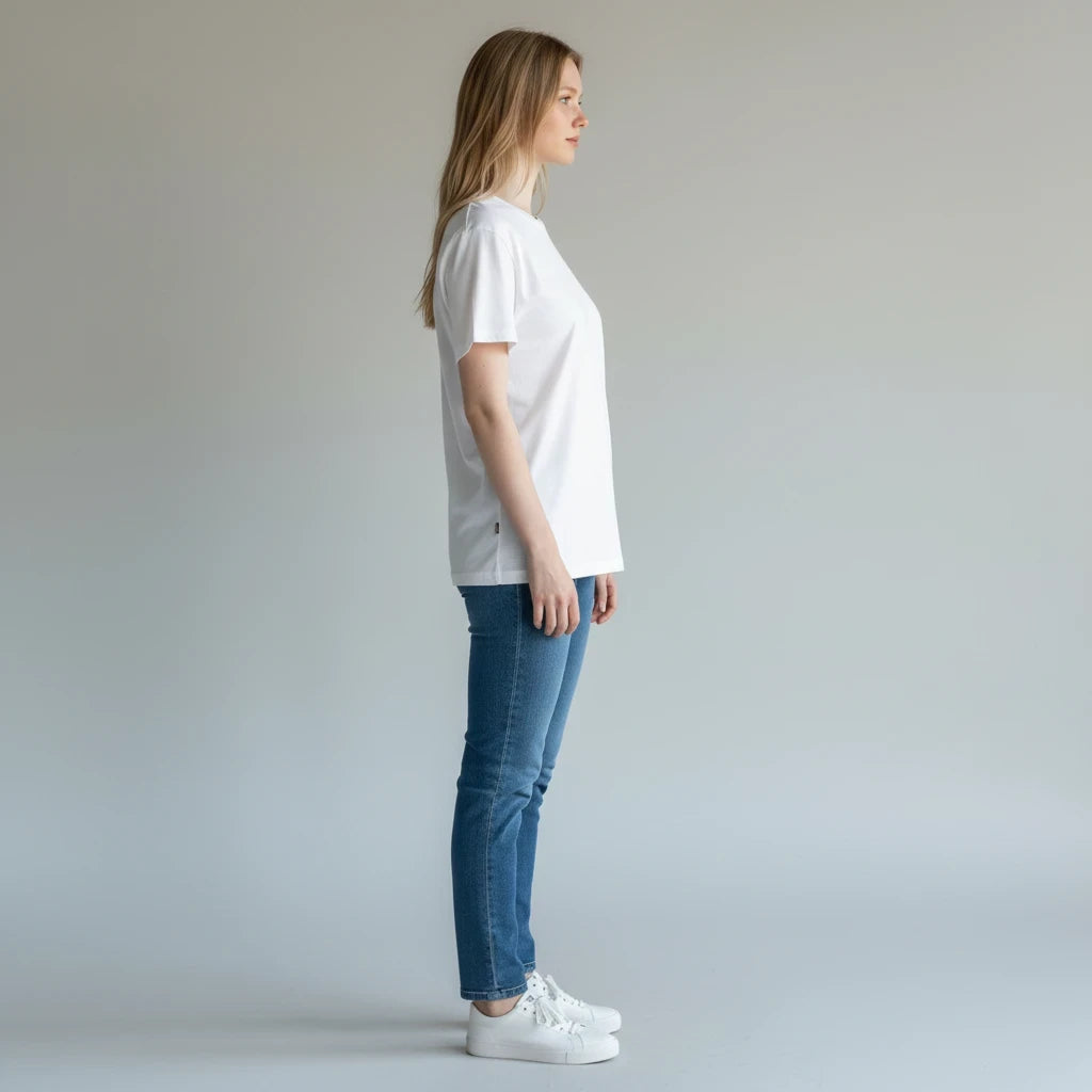 PURETE white fitted t-shirt with surreal bird illustration worn by a woman in profile view with blue jeans