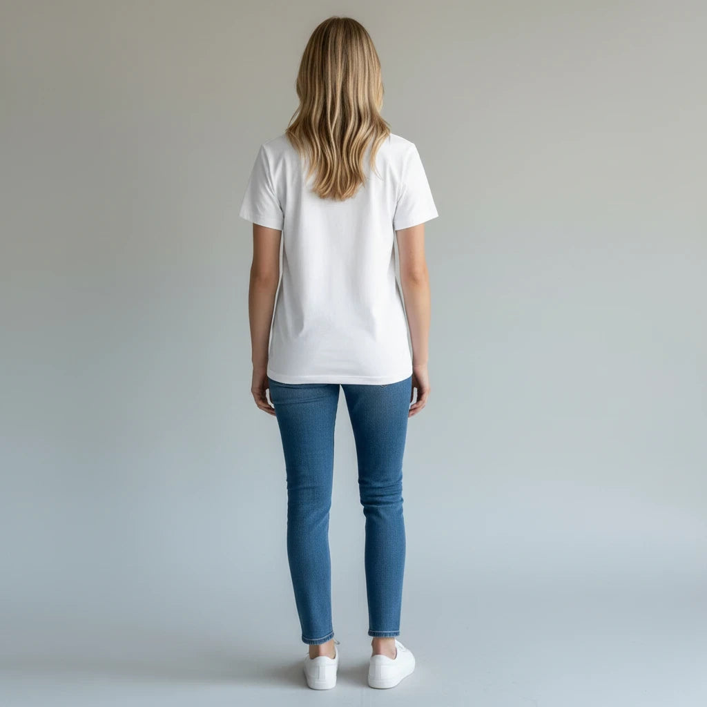 Back view of a woman wearing a plain white PURETE fitted cotton-blend t-shirt with blue jeans and white sneakers