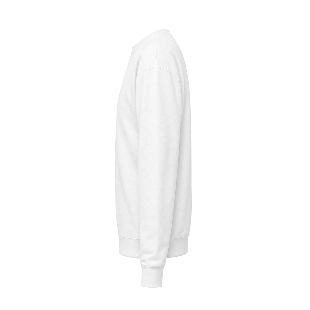 PURETE unisex off-white midweight fleece crewneck sweatshirt with a relaxed dropped shoulder fit, side view.