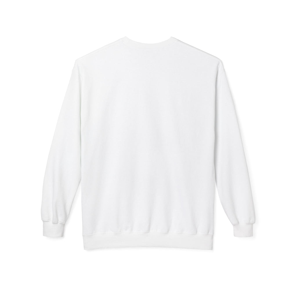 PURETE unisex white midweight fleece crewneck sweatshirt with a relaxed fit and dropped shoulders, back view.