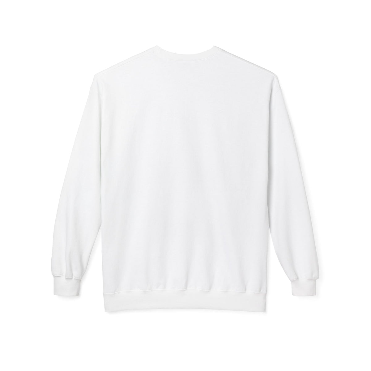 PURETE unisex white midweight fleece crewneck sweatshirt with a relaxed fit and dropped shoulders, back view.