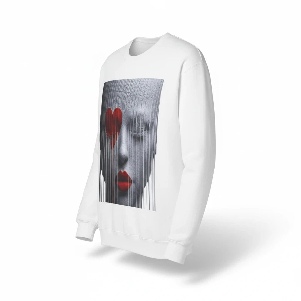 PURETE white unisex crewneck sweatshirt featuring a graphic print of a face with red heart and red lips
