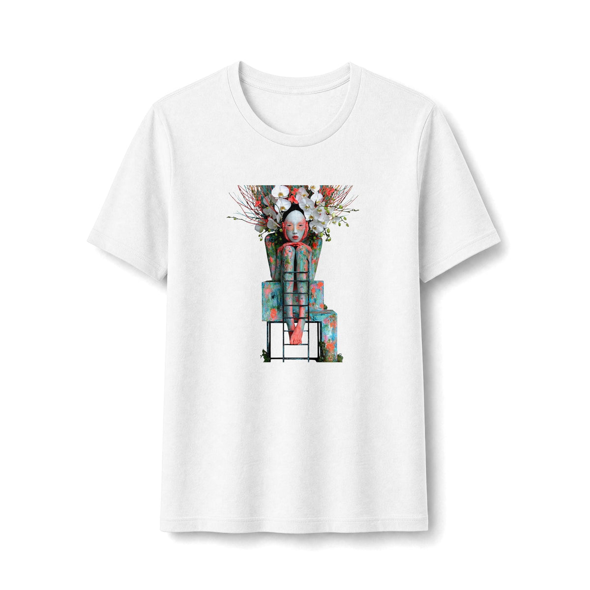 PURETE white fitted graphic t-shirt featuring a detailed floral robot illustration on the front.