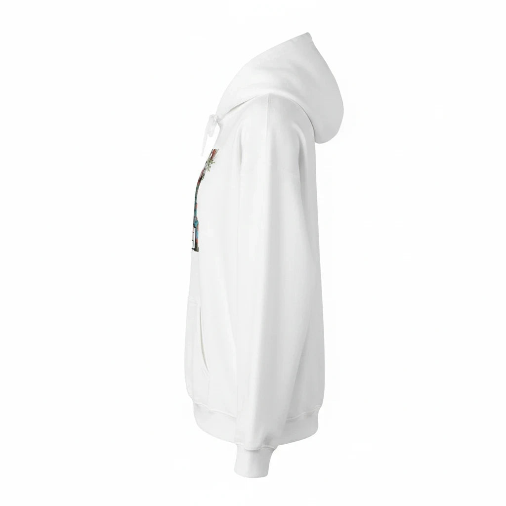 PURETE white cotton-poly blend hoodie with abstract floral robot graphic on the chest, side view.