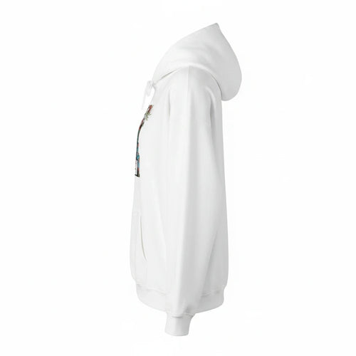 PURETE white cotton-poly blend hoodie with abstract floral robot graphic on the chest, side view.