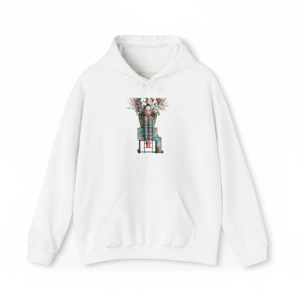 PURETE white hoodie featuring an abstract floral robot graphic on the chest with a kangaroo pocket and drawstring hood