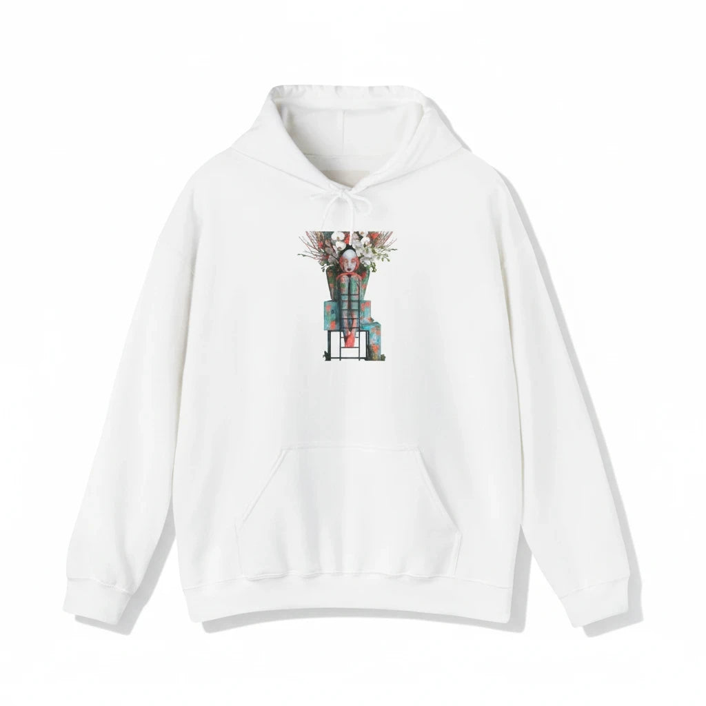 PURETE white cotton-poly blend hoodie featuring an abstract floral robot graphic on the chest and a front pouch pocket.