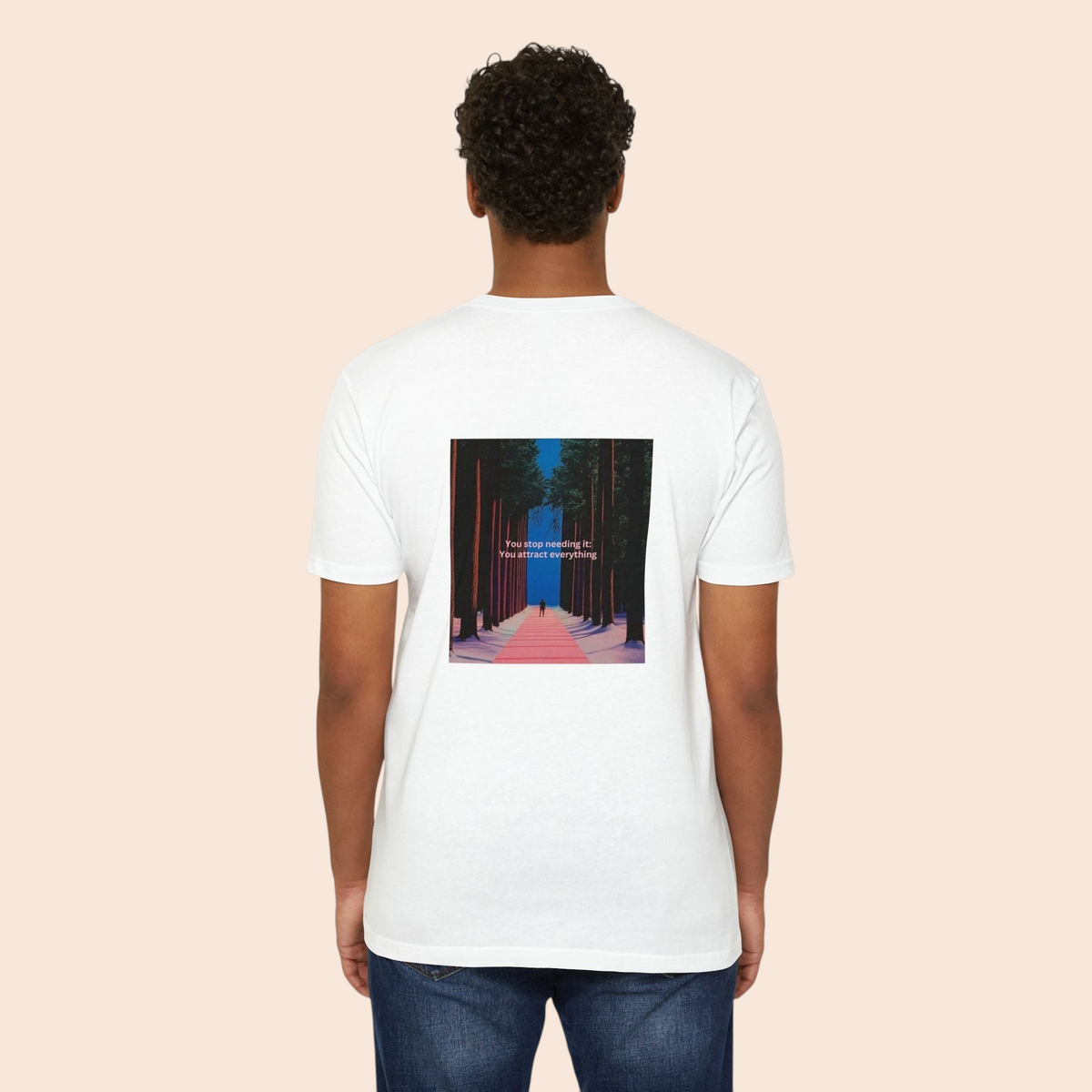PURETE white t-shirt featuring a back graphic of a forest pathway with motivational text on a model