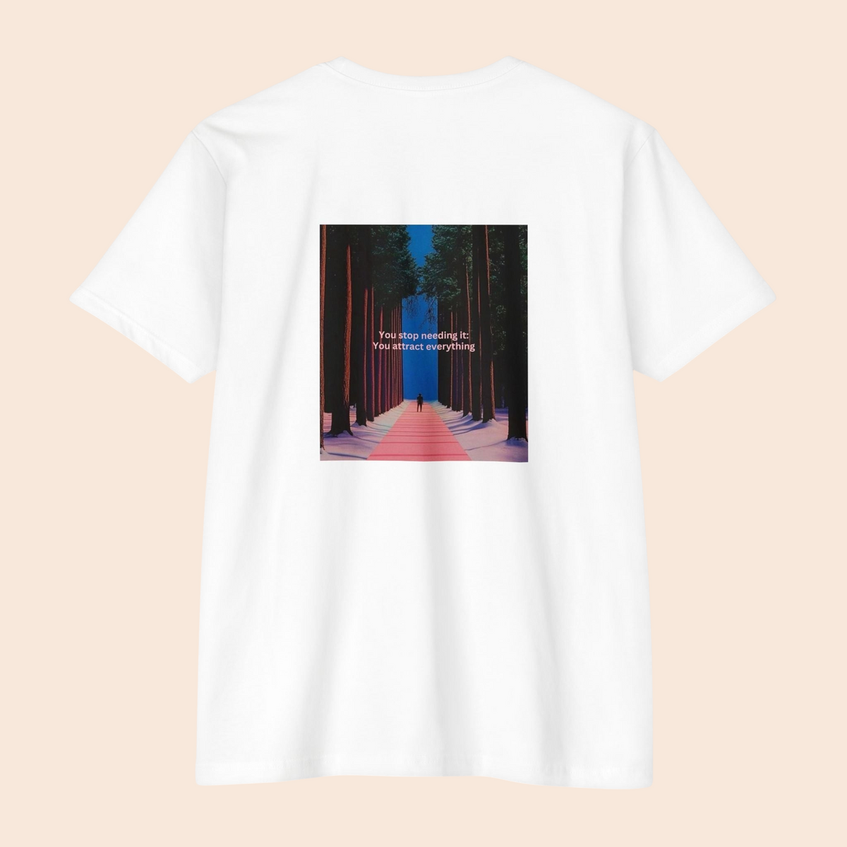 Back view of a white PURETE cotton t-shirt featuring a dusky forest pathway graphic with motivational text.