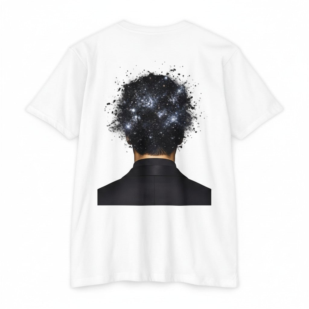 PURETE white unisex CVC jersey t-shirt featuring a back print of a man with a galaxy nebula head design.