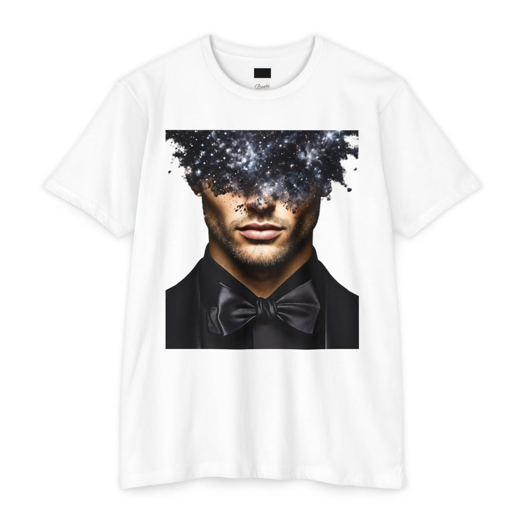 PURETE white unisex CVC jersey t-shirt featuring a graphic print of a man in a tuxedo with a galaxy head.