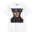 PURETE white unisex CVC jersey t-shirt featuring a graphic print of a man in a tuxedo with a galaxy head.