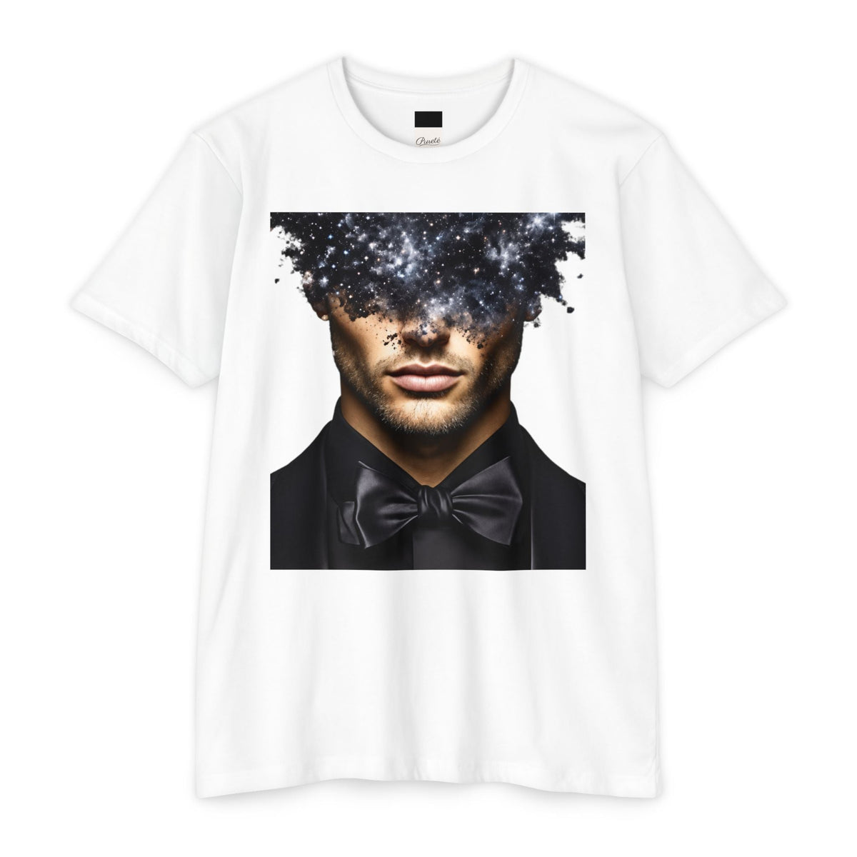 PURETE white unisex CVC jersey t-shirt featuring a graphic print of a man in a tuxedo with a galaxy head.