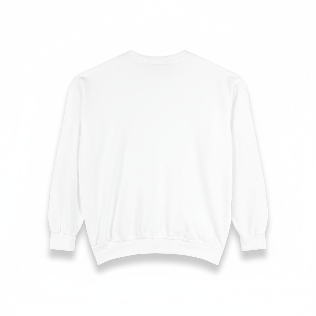 PURETE unisex garment-dyed white crewneck sweatshirt, back view of soft cotton-poly fleece relaxed fit pullover